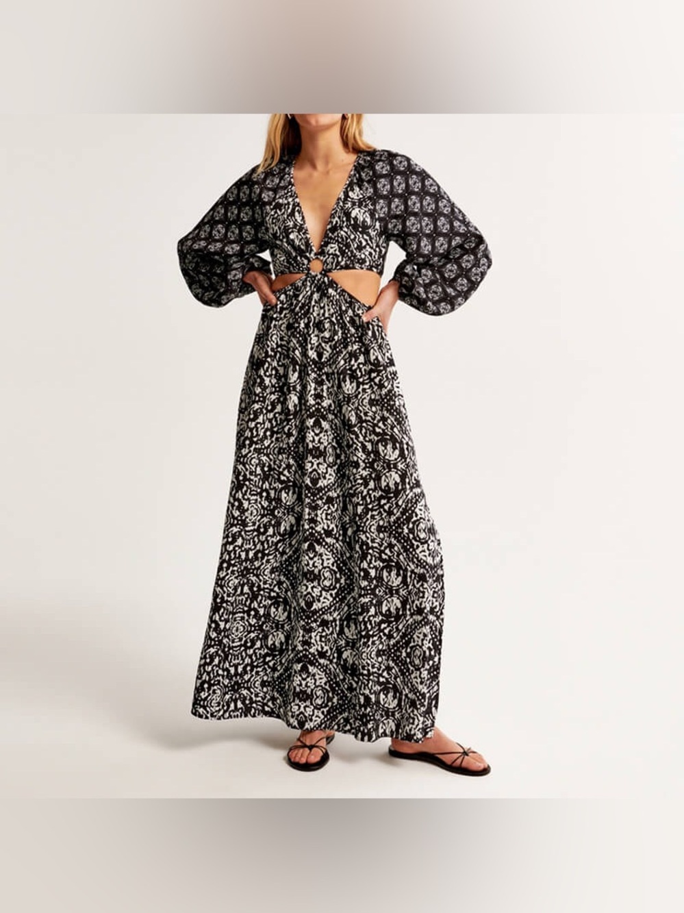 Abercrombie&Fitch Tile Boho Plunge Cutout Balloon Sleeve Maxi Dress Sz Tall(4-6)